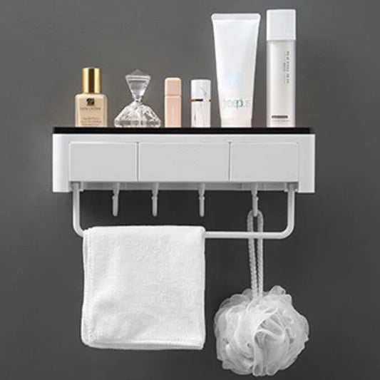 Bathroom Storage Box with Free Punching Storage Rack & Drawer | Towel Hanging Rack for Toiletries, Cosmetics, and Bathroom Accessories (Black)