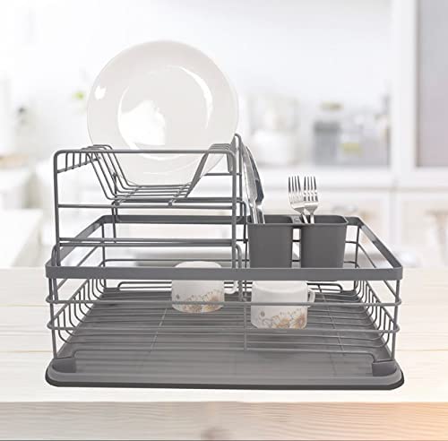 Kitchen Dish Rack Steel | 2-Tier Dish Drainer with Removable Drain Board | Alloy Steel, Black | Large Size (43L x 31W x 18H cm)