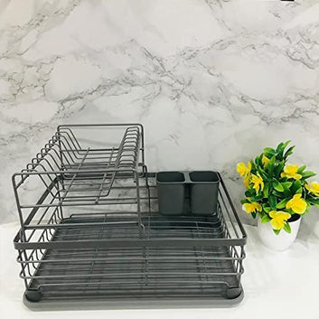 Kitchen Dish Rack Steel | 2-Tier Dish Drainer with Removable Drain Board | Alloy Steel, Black | Large Size (43L x 31W x 18H cm)