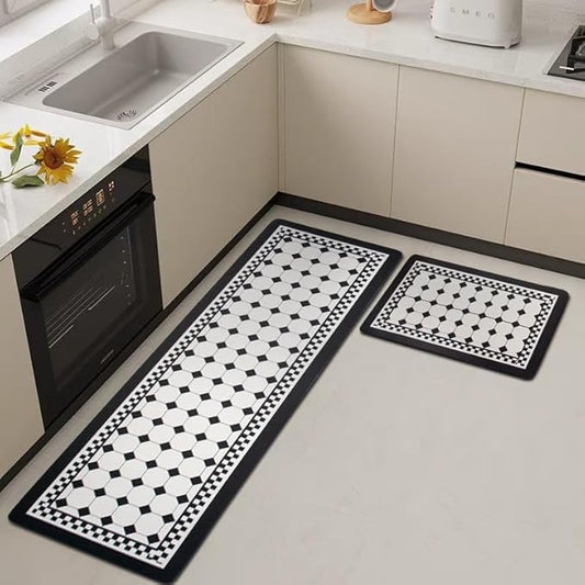 Rubber Kitchen Mats for Floor Set of 2 Pcs | Non-Skid, Soft Absorbent Rugs for Kitchen, Laundry, and Hallway | 118x38cm, 38x58cm| 4mm Thickness (Square_Black-White)