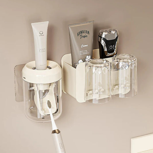 Wall Mounted 2-Slot Toothbrush Rack with Toothpaste Squeezer & 2 Mouthwash Cups