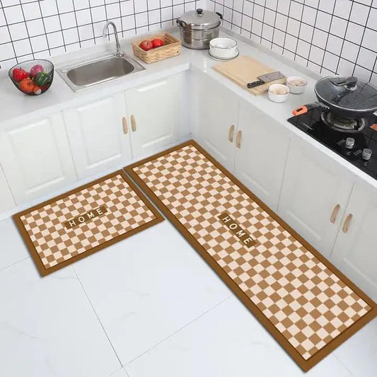 Rubber Kitchen Mats for Floor Set of 2 Pcs | Non-Skid, Soft Absorbent Rugs for Kitchen, Laundry, and Hallway | 120x40cm, 40x60cm| 4mm Thickness (Check_Box_Beige)