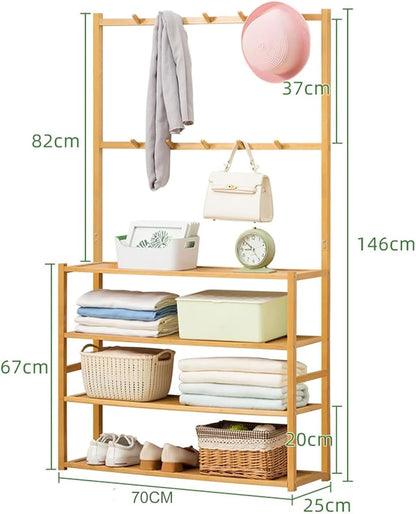 Bamboo Garment Coat Rack Shoe Organizer