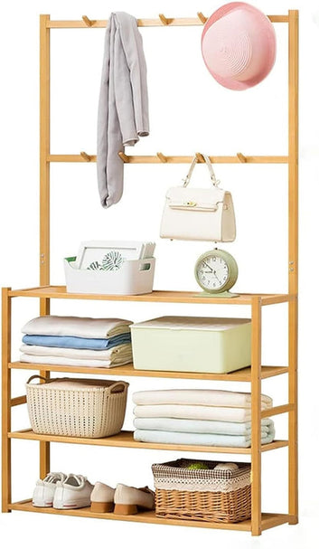 Bamboo Garment Coat Rack Shoe Organizer