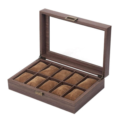 Wooden Look 10 Slot Watch Box Organizer with Glass Top & Antique Lock