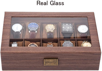 Wooden Look 10 Slot Watch Box Organizer with Glass Top & Antique Lock