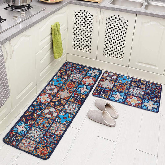 Rubber Kitchen Mats for Floor Set of 2 Pcs | Non-Skid, Soft Absorbent Rugs for Kitchen, Laundry, and Hallway | 120x40cm, 40x60cm| 4mm Thickness (Rangoli_Blue)