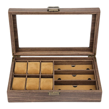 Antique Wooden Look Watch Box with 6 Watch Slots & 3 Eyeglass Slots Organizer (Brown)