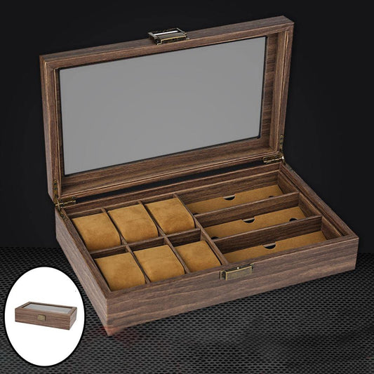 Antique Wooden Look Watch Box with 6 Watch Slots & 3 Eyeglass Slots Organizer (Brown)