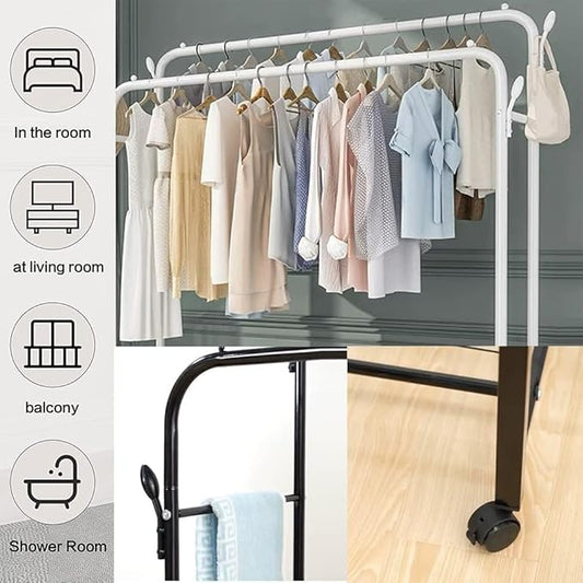 Cloth Rack with Shelves | Multipurpose Dual Rod + Wheels Garments Rack with Shelves for Storage & Coat Hanger Home, Storage Organizer 1 Piece