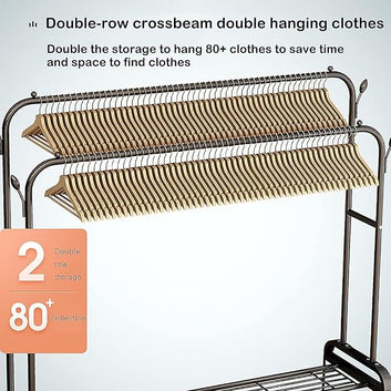 Cloth Rack with Shelves | Multipurpose Dual Rod + Wheels Garments Rack with Shelves for Storage & Coat Hanger Home, Storage Organizer 1 Piece